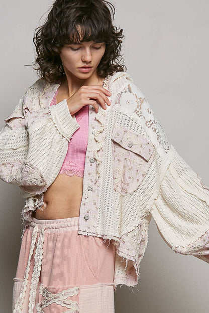 Floral Pattern Lace Contrast Textured Knit Hooded Jacket