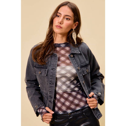 DENIM PEPLUM HEM FRONT BUTTON JACKET WITH POCKETS