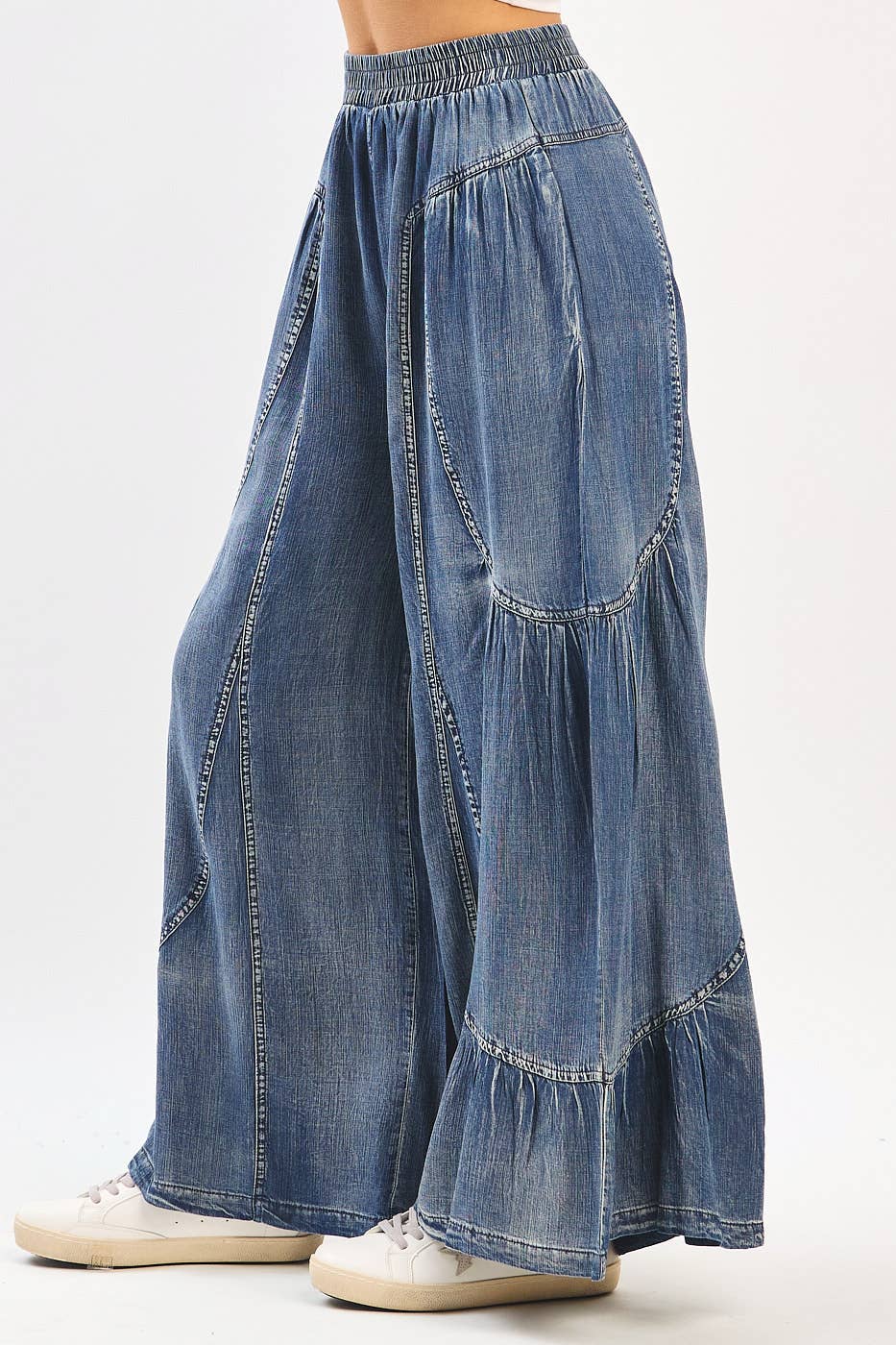 Washed Chambray Tier Detail Wide Leg Pants