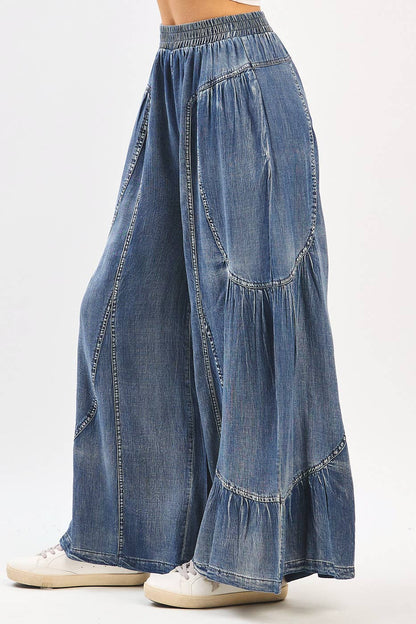 Washed Chambray Tier Detail Wide Leg Pants